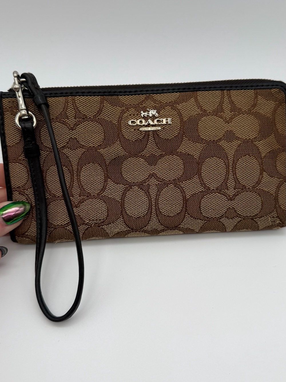 COACH Brown Signature Canvas Wristlet with Strap